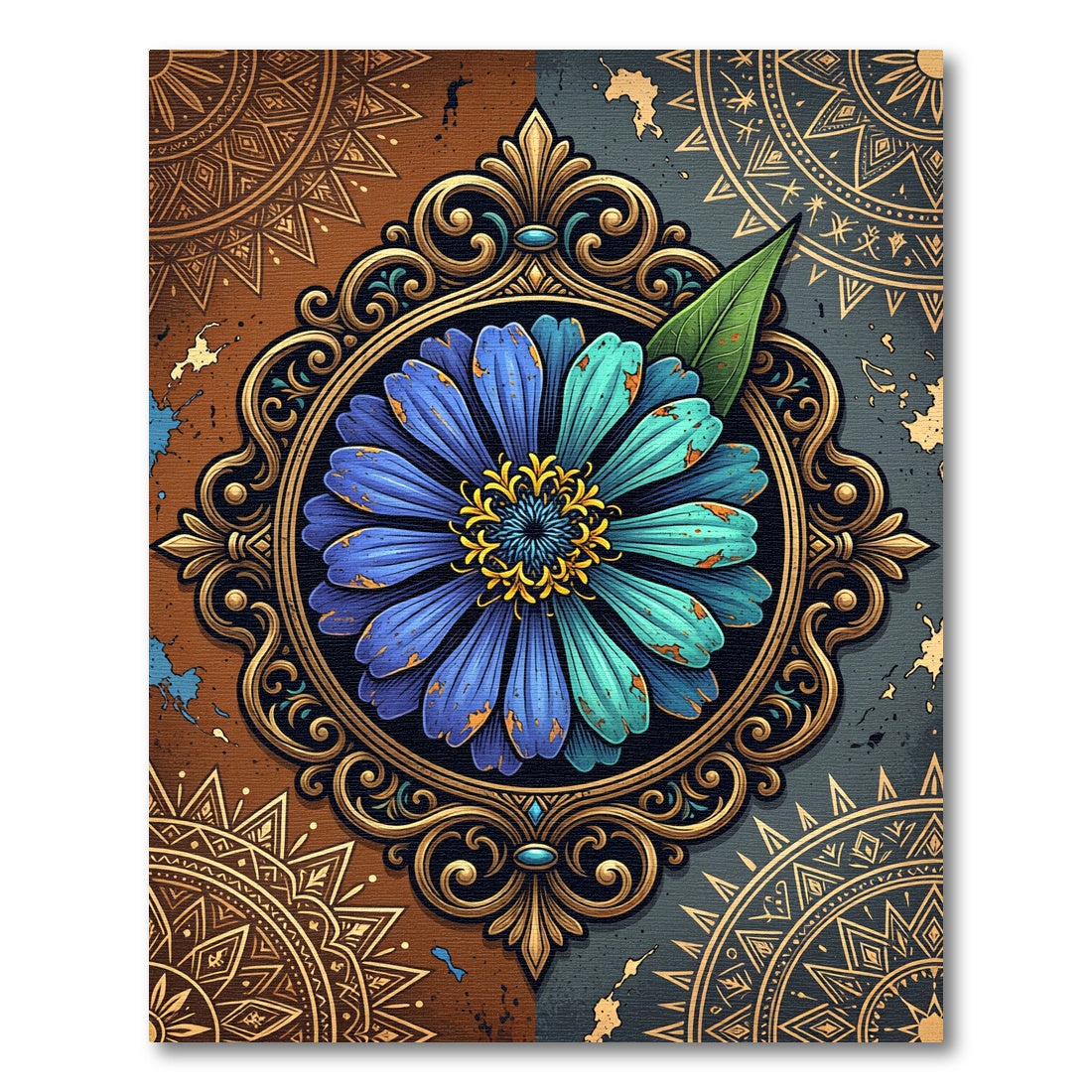 Blue Zinnia Floral Ornate Filigree Rug