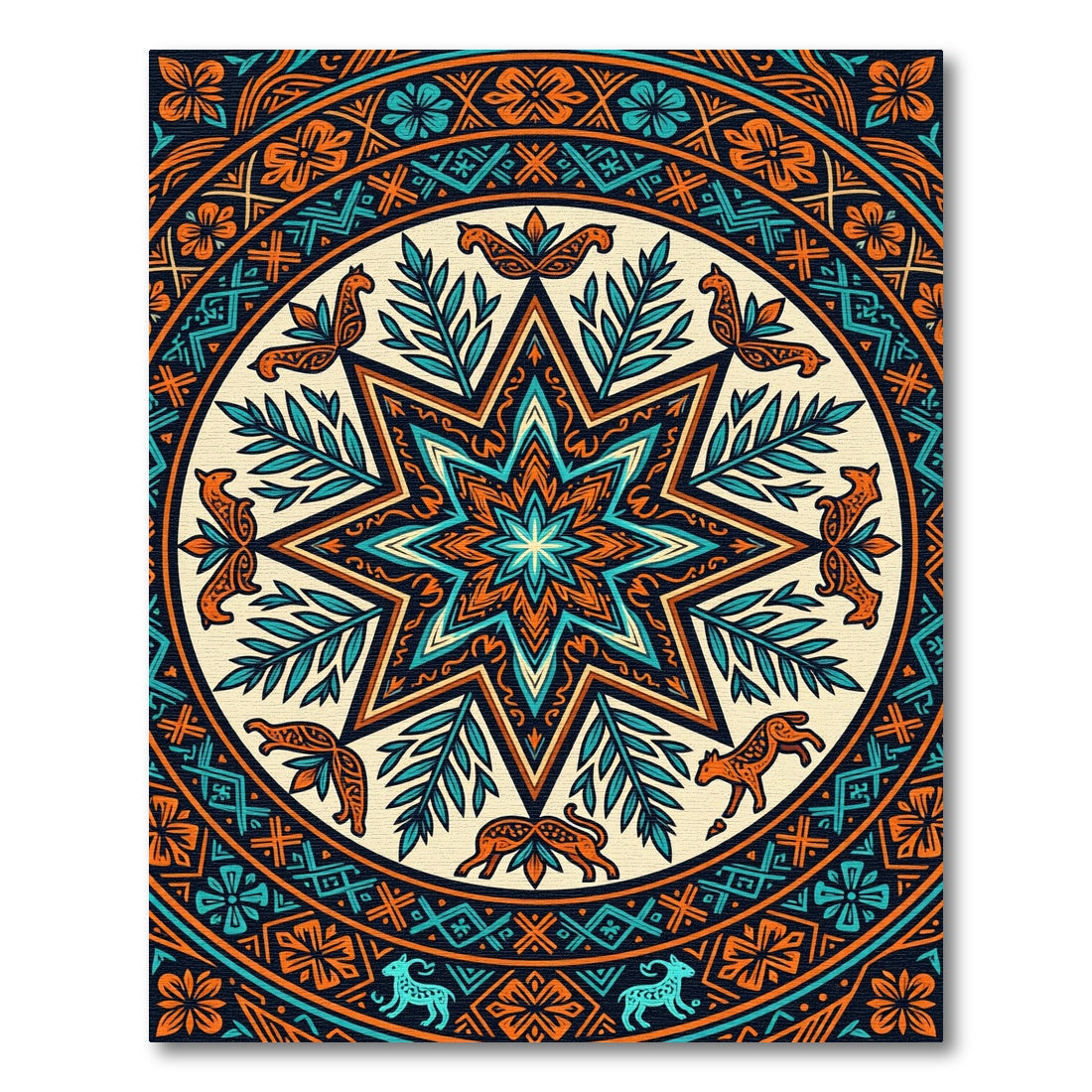 Vibrant Teal and Orange Star Medallion Rug