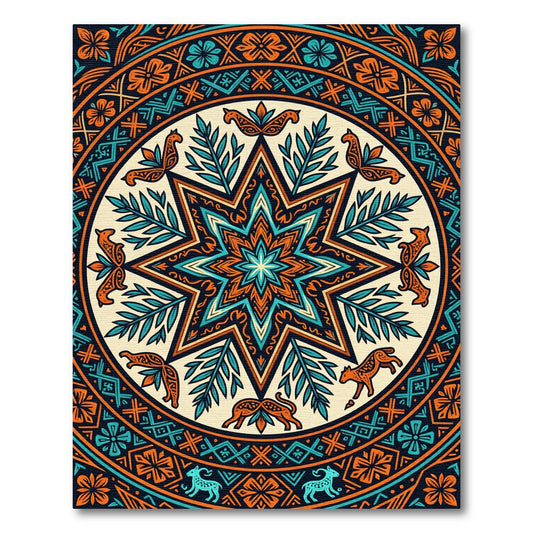Vibrant Teal and Orange Star Medallion Rug