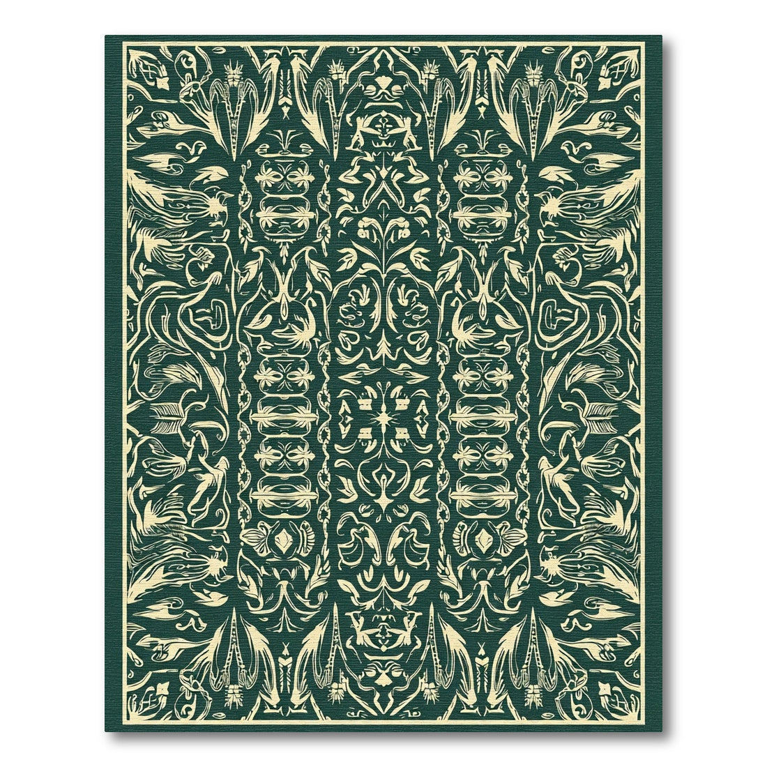 Dark Green Ivory Ornate Floral Scroll Rug