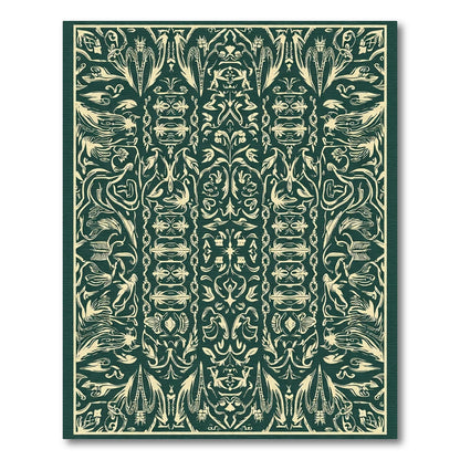 Dark Green Ivory Ornate Floral Scroll Rug