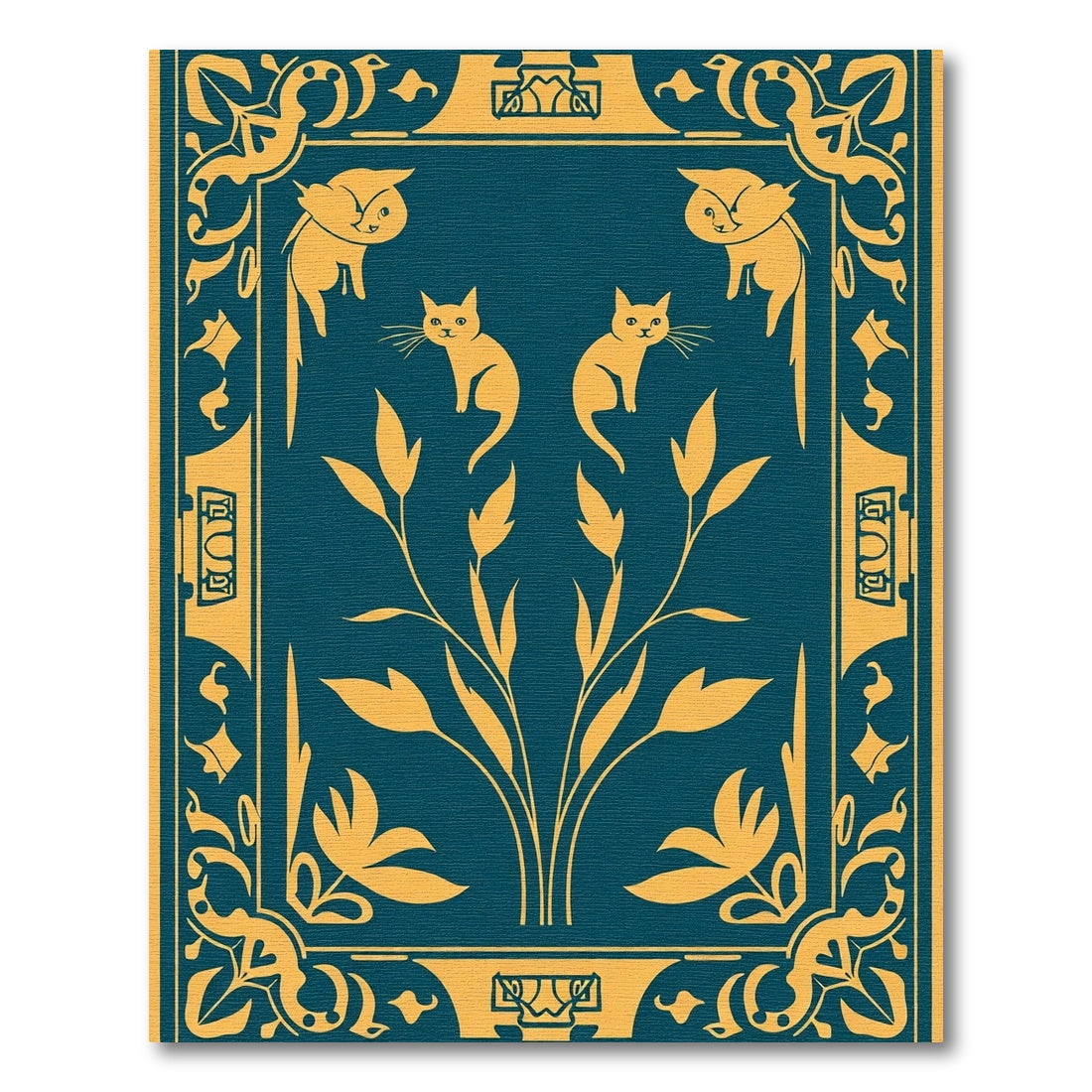 Golden Art Nouveau Cats Floral Border Rug