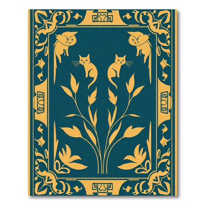 Golden Art Nouveau Cats Floral Border Rug