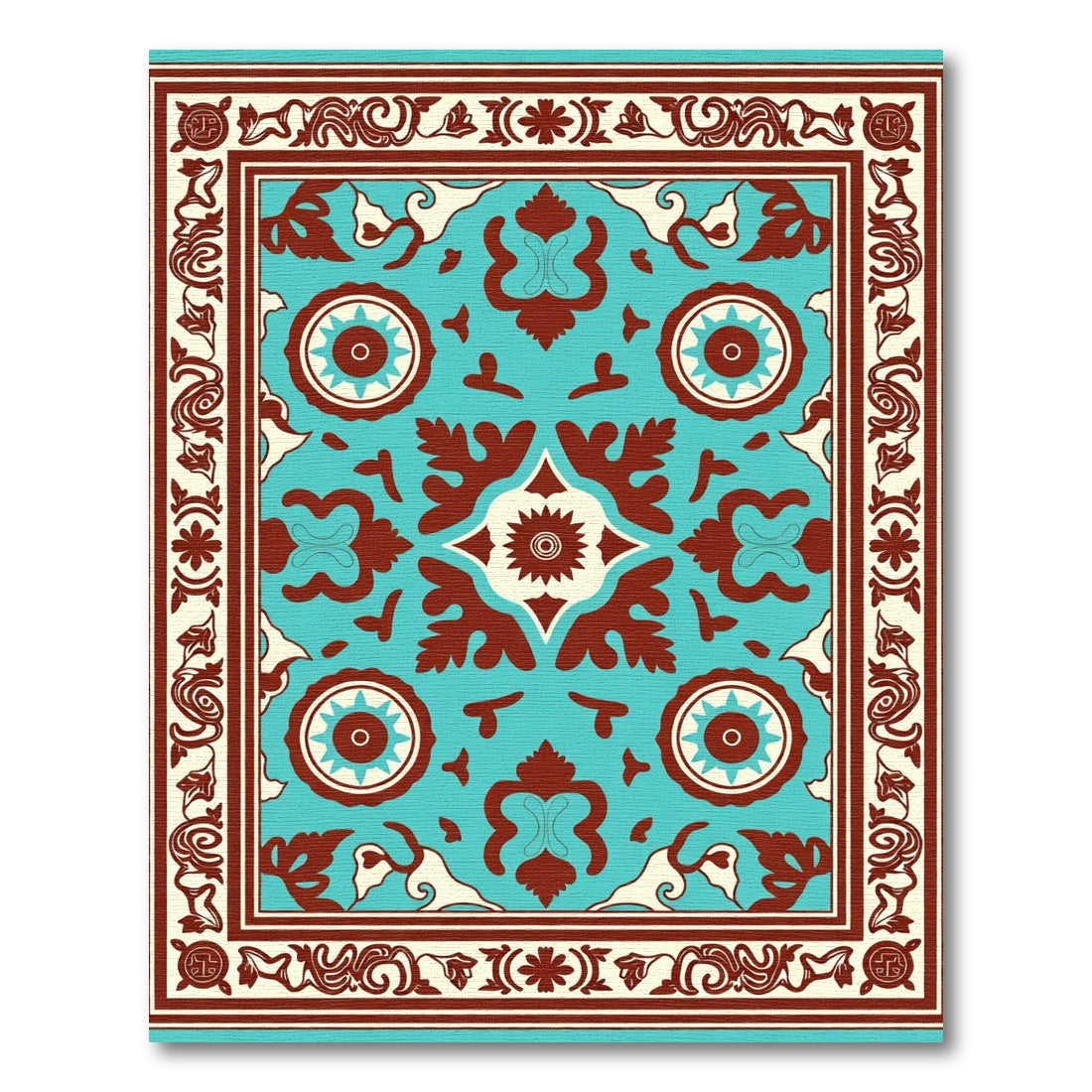 Turquoise Red Floral Medallion Border Rug