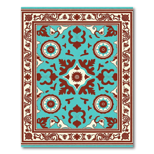 Turquoise Red Floral Medallion Border Rug