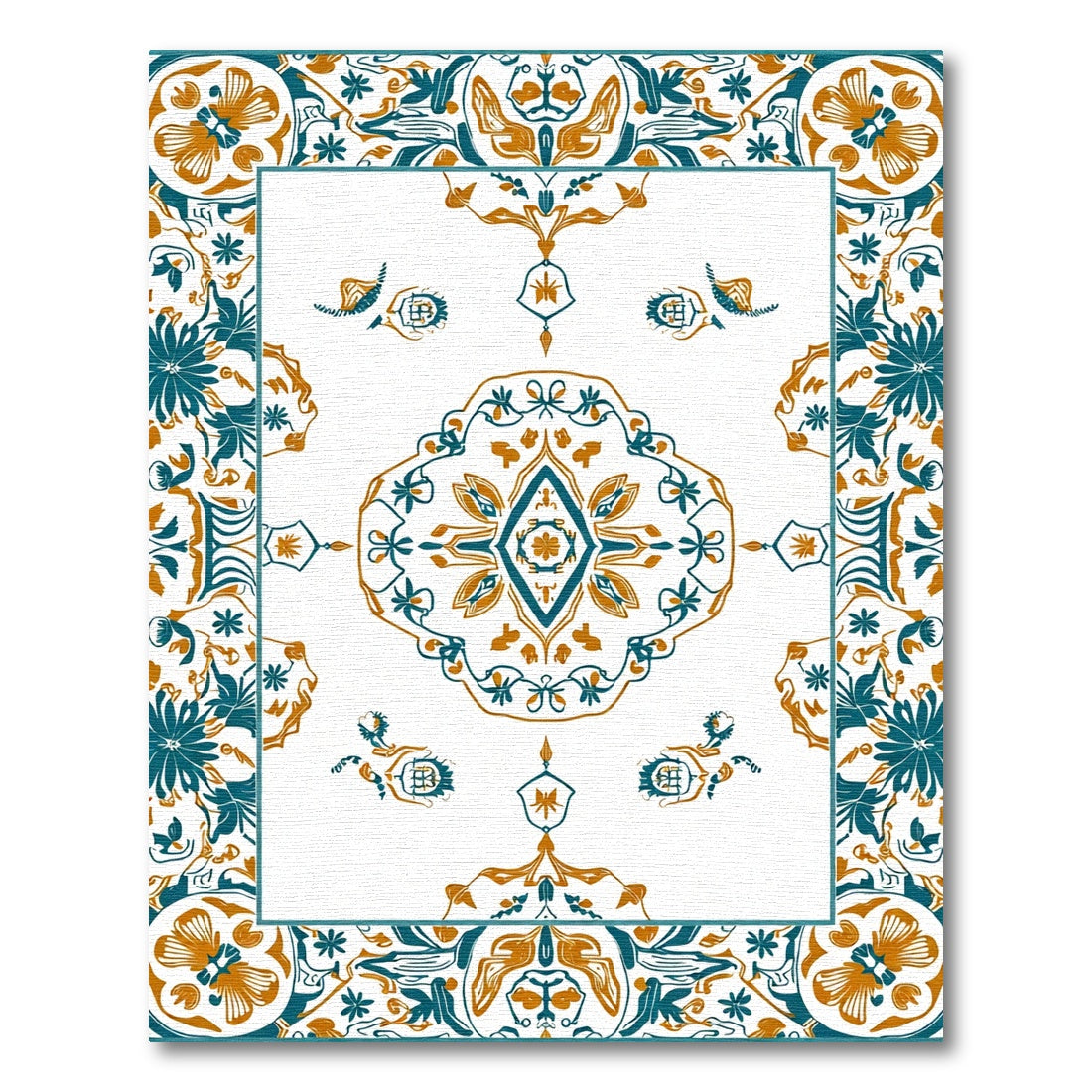 Teal Ochre Medallion Floral Rectangular Area Rug