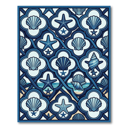 Coastal Navy Blue Seashell Starfish Tile Rug