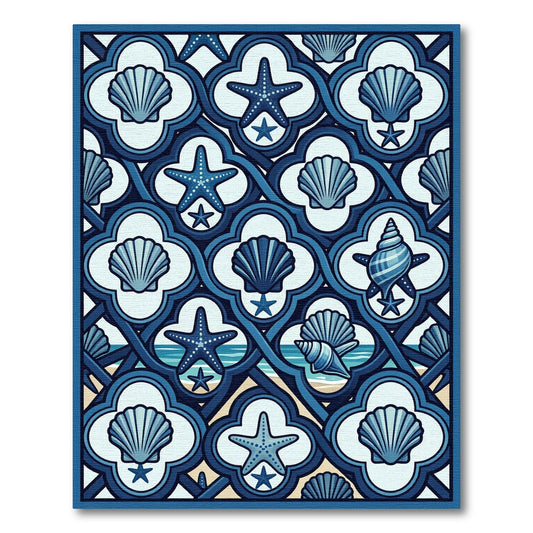 Coastal Navy Blue Seashell Starfish Tile Rug
