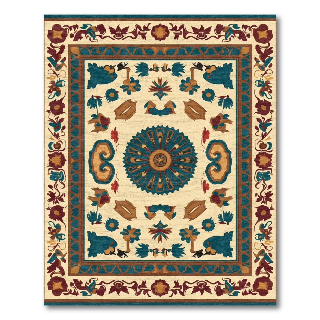 Deep Teal Floral Medallion Cream Rug