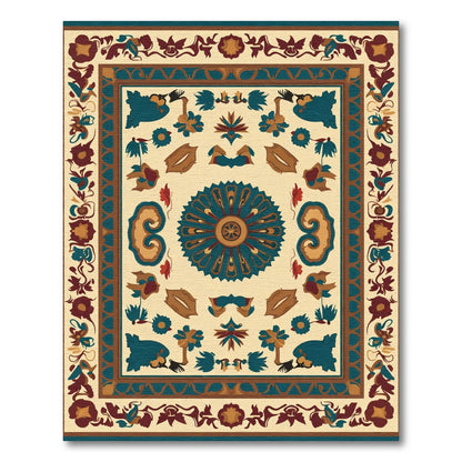 Deep Teal Floral Medallion Cream Rug