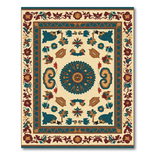 Deep Teal Floral Medallion Cream Rug