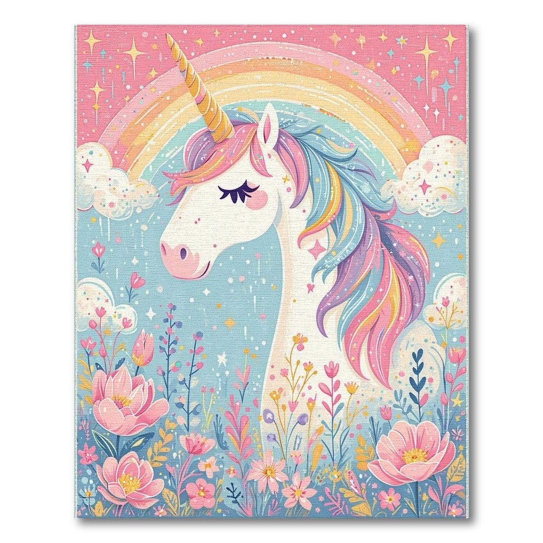 Whimsical Unicorn Rainbow Floral Stars Rug