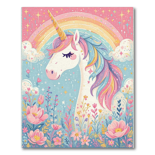 Whimsical Unicorn Rainbow Floral Stars Rug