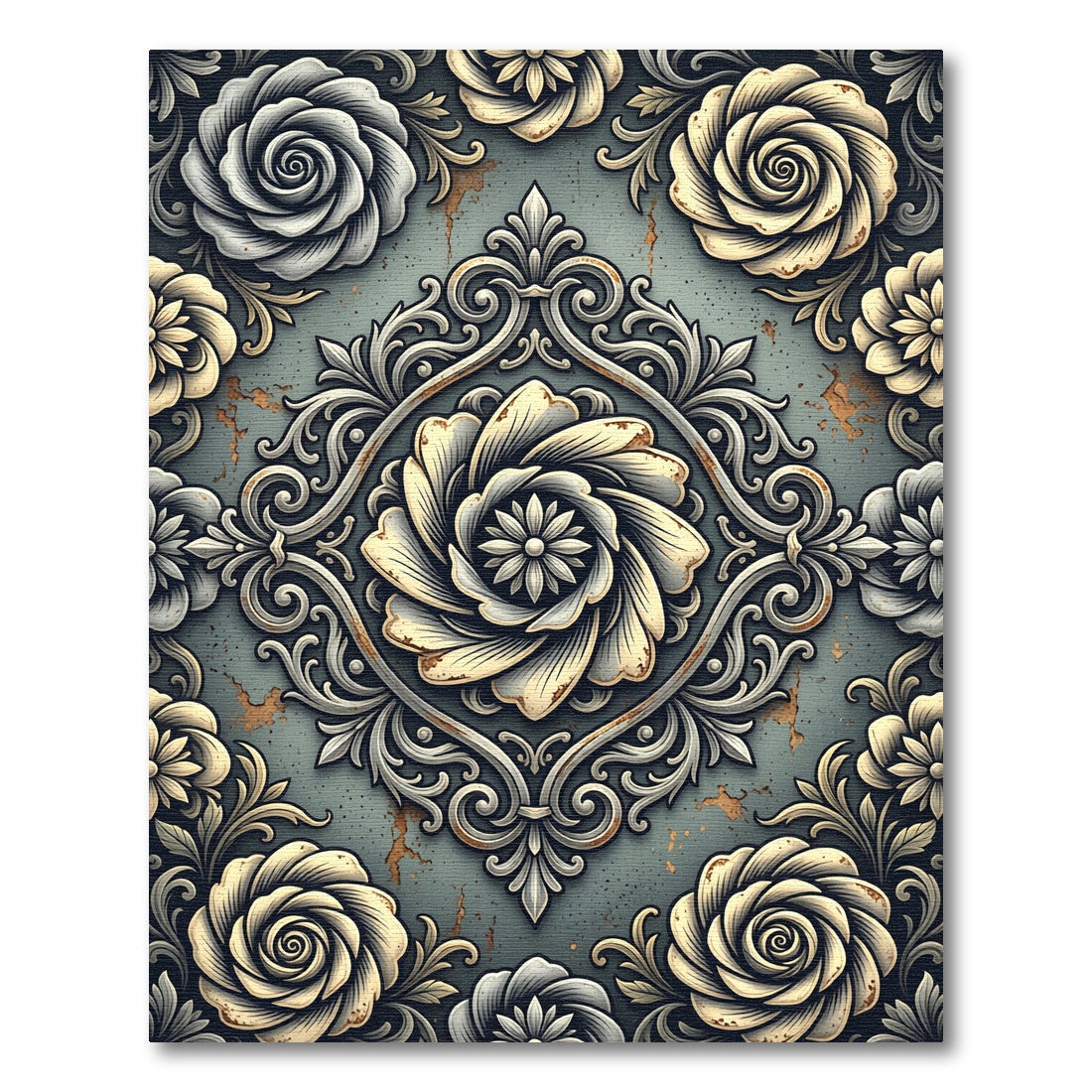 Vintage Metallic Floral Damask Rug