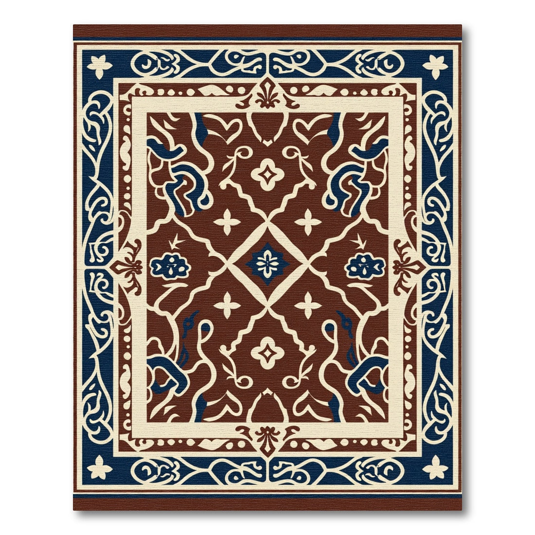 Rich Cognac White Blue Floral Scroll Rug