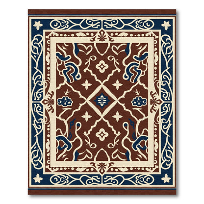 Rich Cognac White Blue Floral Scroll Rug