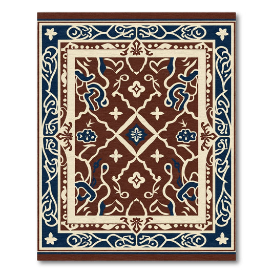 Rich Cognac White Blue Floral Scroll Rug