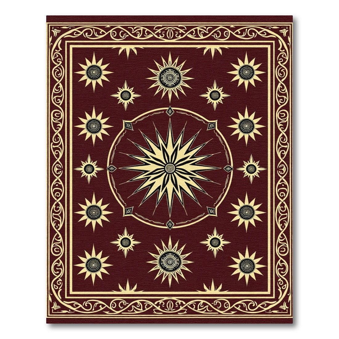 Deep Red Celestial Sunburst Medallions Rug