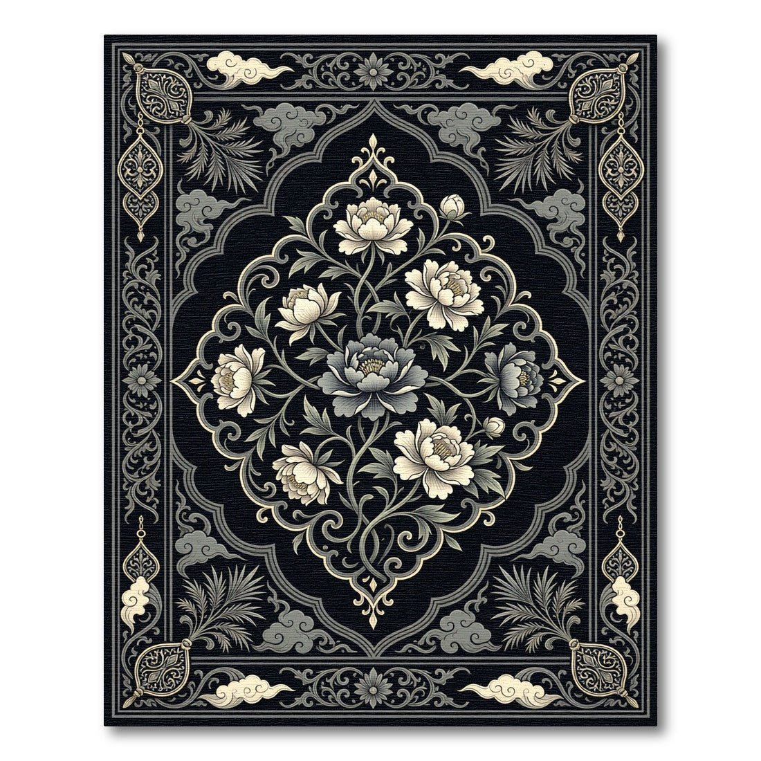 Traditional Black and Ivory Floral Medallion Rug