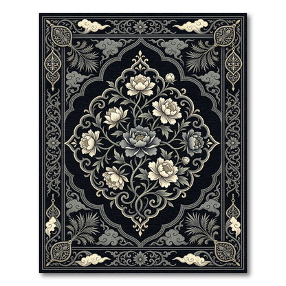 Traditional Black and Ivory Floral Medallion Rug