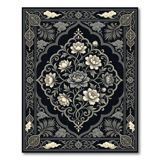 Traditional Black and Ivory Floral Medallion Rug