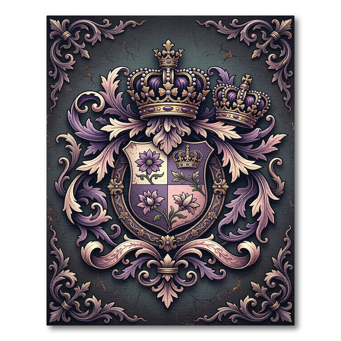 Regal Purple Floral Emblazoned Crest Rug