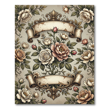Vintage Floral Rose Scroll Ribbons Rug