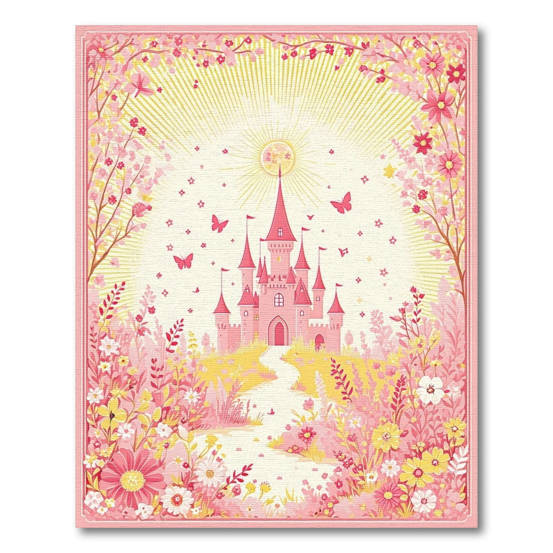 Whimsical Pink Castle Butterflies Floral Rug