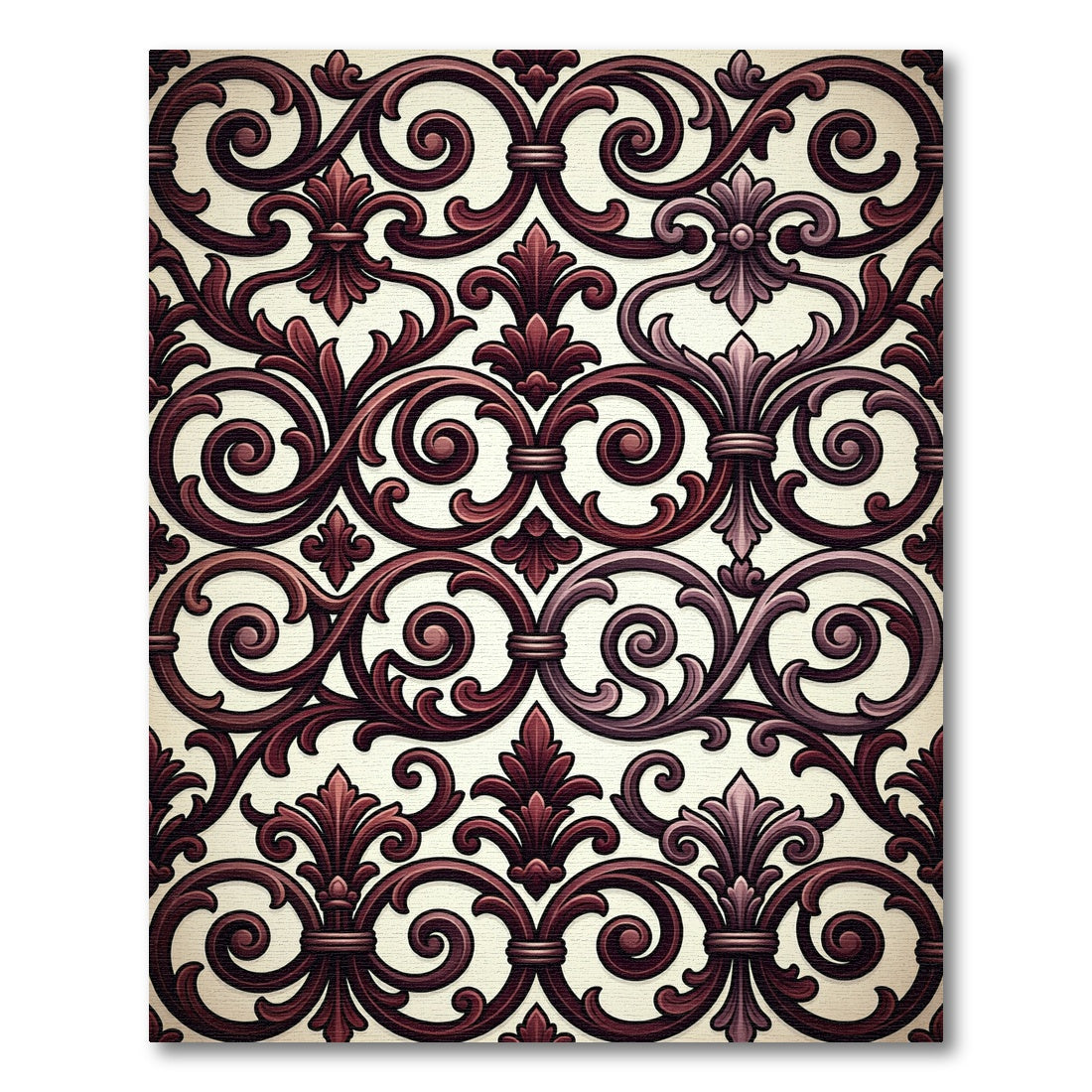 Elegant Burgundy Scrollwork Damask Rug