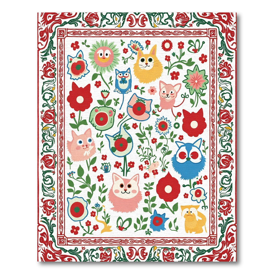 Whimsical Cat Floral Garden Rug