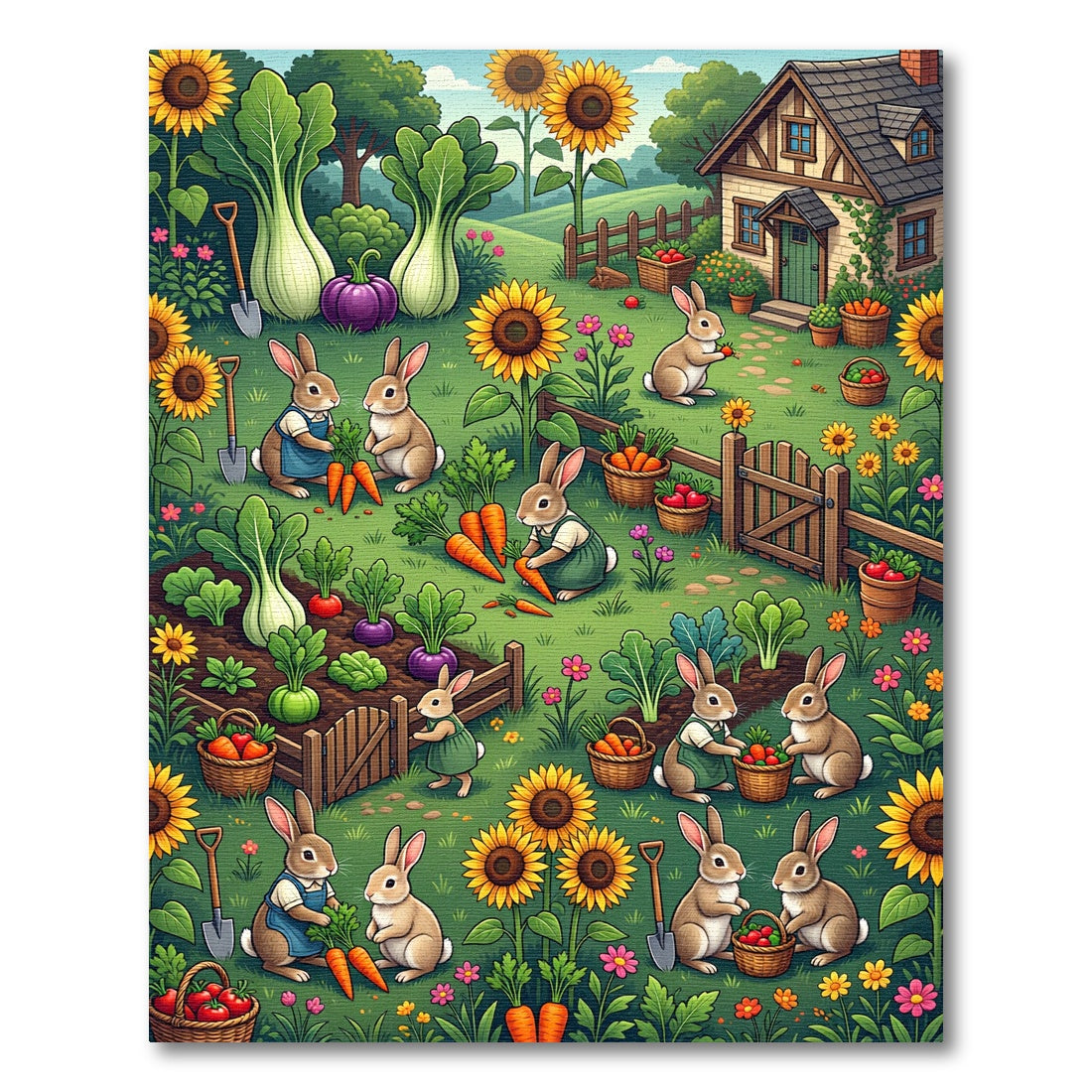 Whimsical Garden Rabbits with Sunflowers Rug