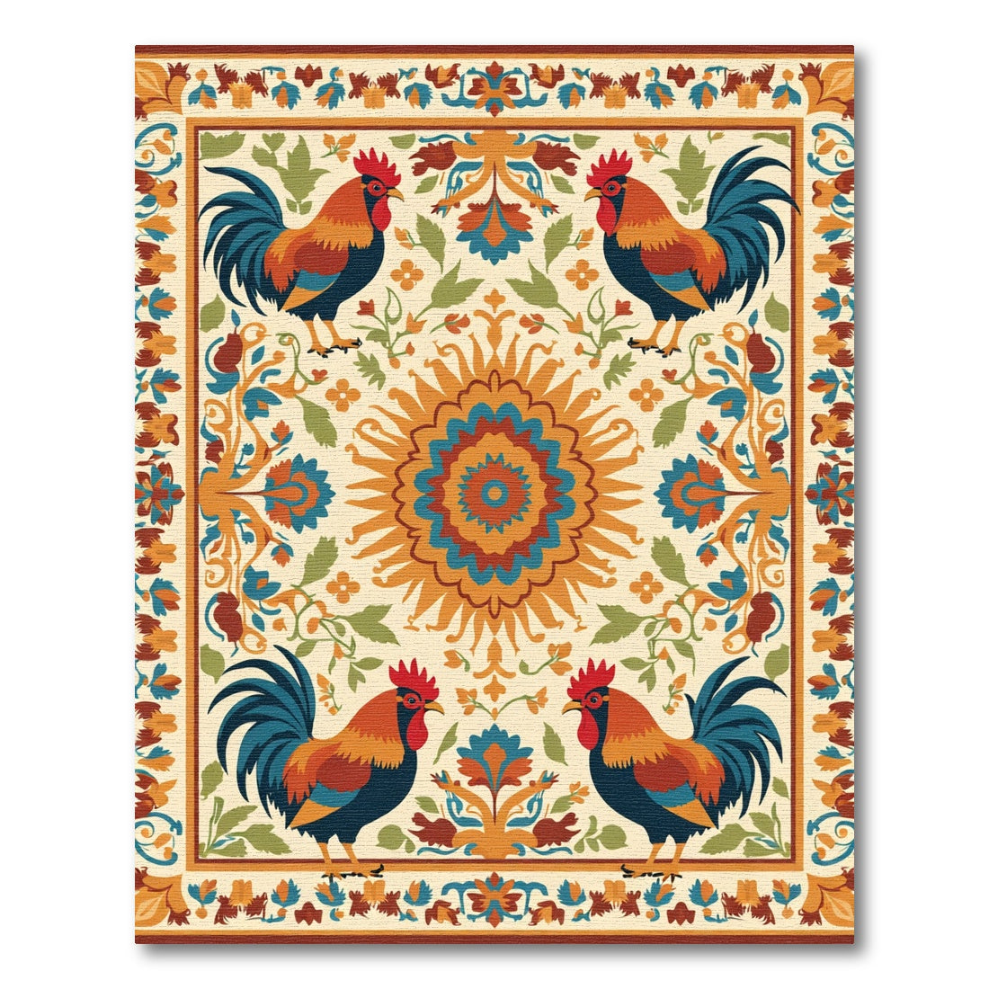 Vibrant Rooster Floral Sun Medallion Rug