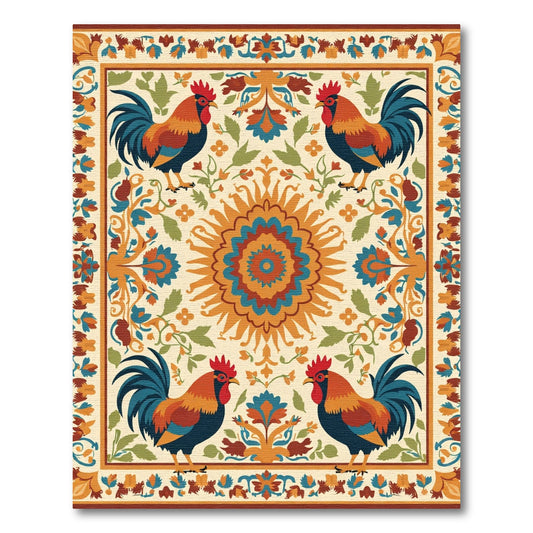 Vibrant Rooster Floral Sun Medallion Rug