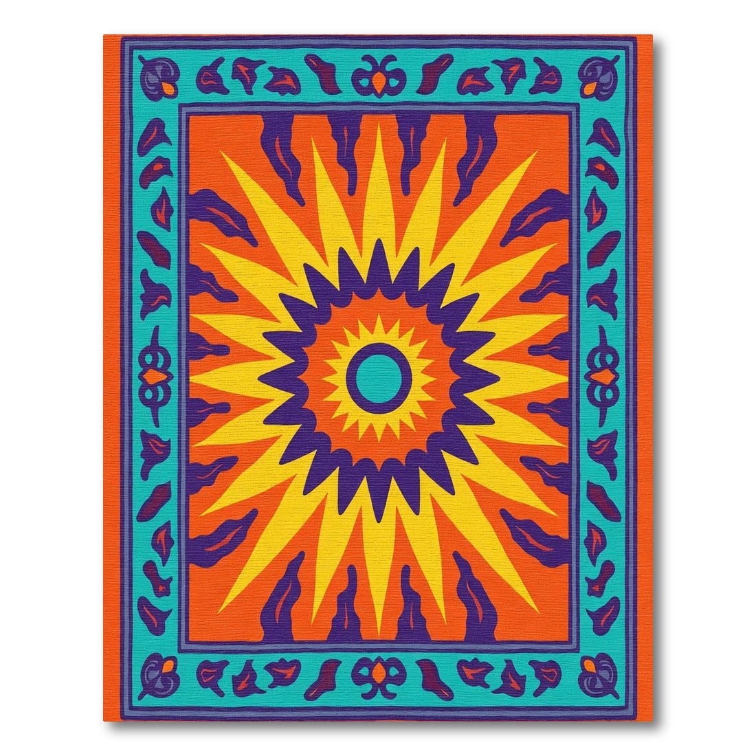 Vibrant Sun Burst Teal Border Rug