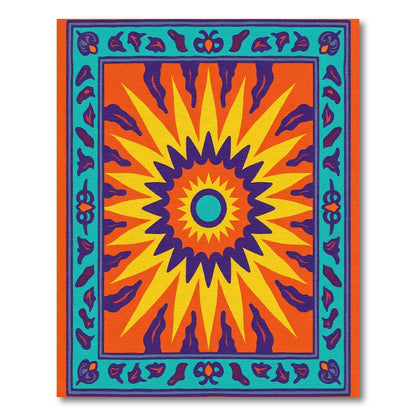Vibrant Sun Burst Teal Border Rug