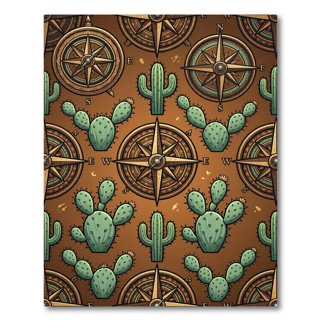 Vintage Compass and Cactus Earthy Rug