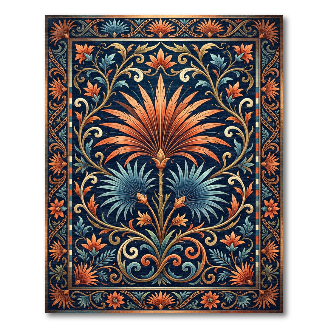 Ornate Blue Orange Floral Lattice Rug
