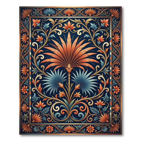 Ornate Blue Orange Floral Lattice Rug