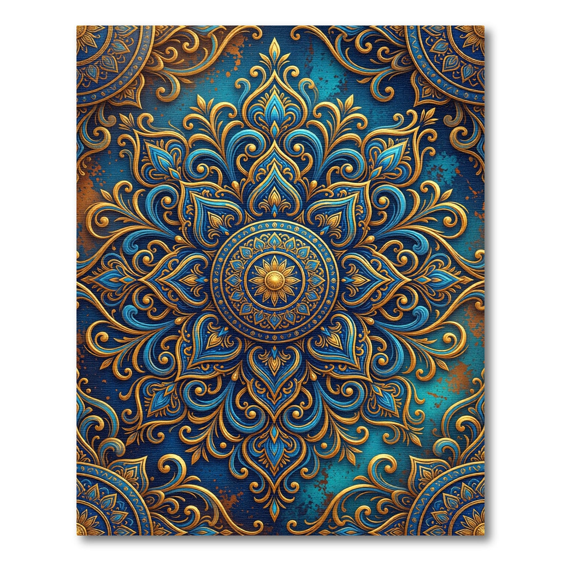 Opulent Golden Floral Medallion Blue Area Rug