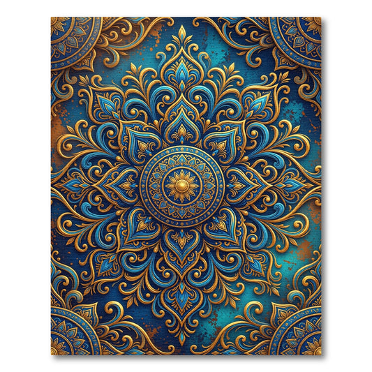 Opulent Golden Floral Medallion Blue Area Rug