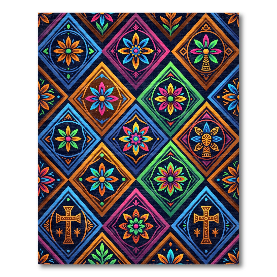 Vibrant Multicolored Geometric Floral Diamond Mosaic Rug
