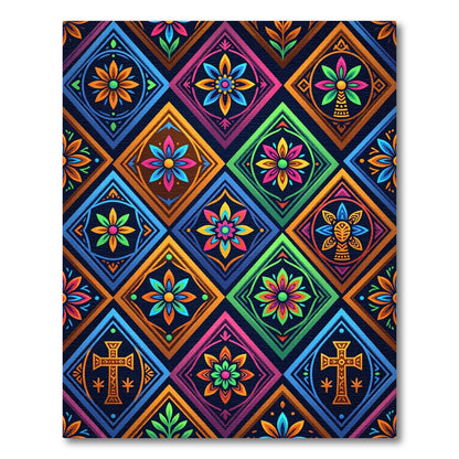Vibrant Multicolored Geometric Floral Diamond Mosaic Rug