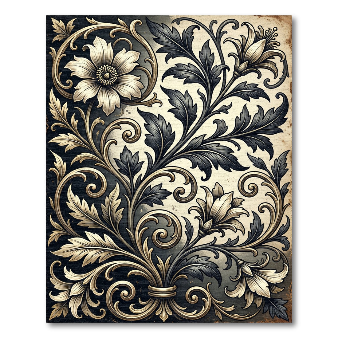 Elegant Black and Gold Floral Scroll Rug