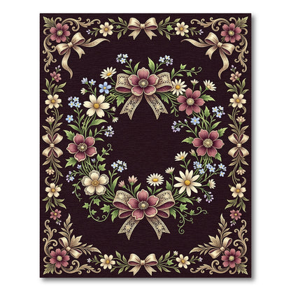 Elegant Floral Wreath Ribbon Dark Border Rug
