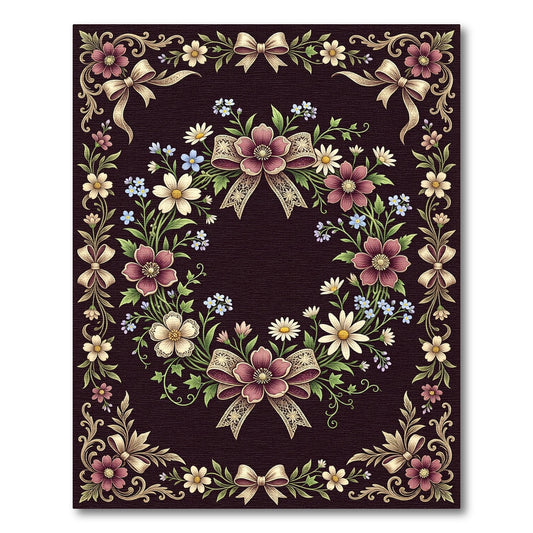 Elegant Floral Wreath Ribbon Dark Border Rug