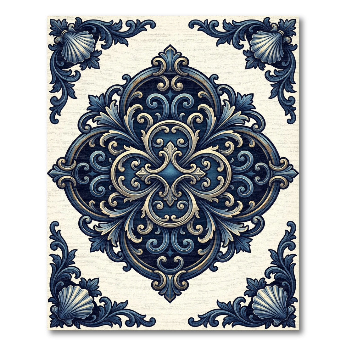 Elegant Navy Ornate Scroll Medallion Rug