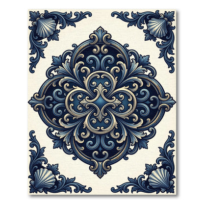 Elegant Navy Ornate Scroll Medallion Rug