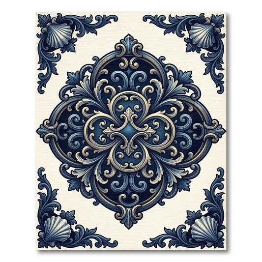 Elegant Navy Ornate Scroll Medallion Rug