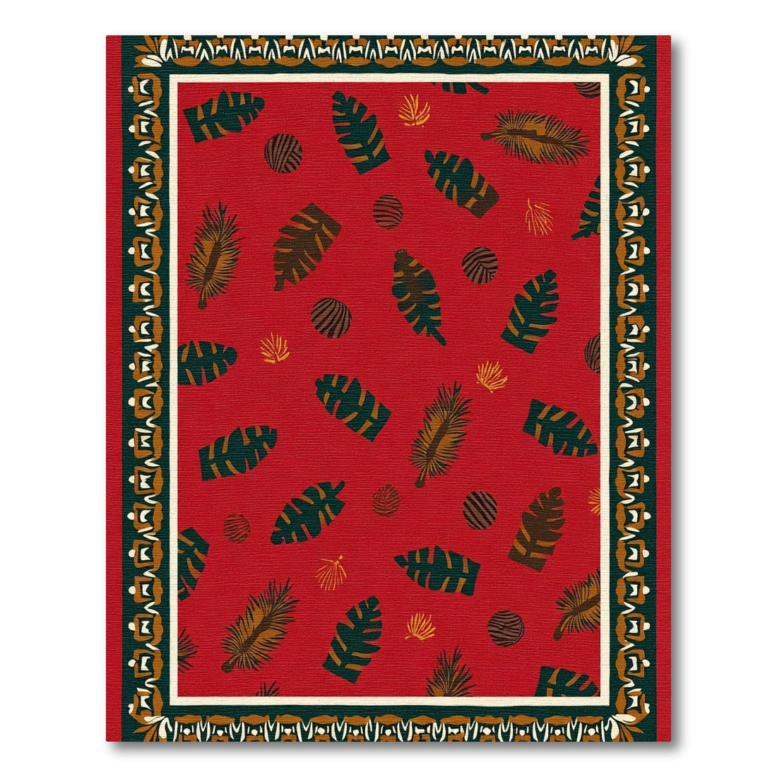 Crimson Tropical Leaf And Stripe Border Rug