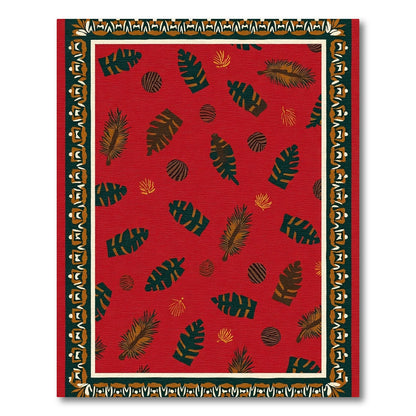 Crimson Tropical Leaf And Stripe Border Rug